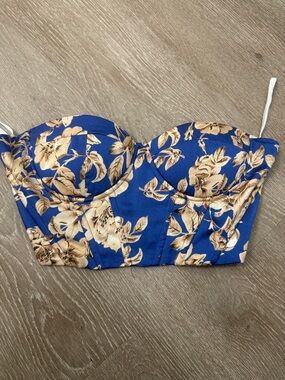 Floral Bustier Crop Top - Blue & Cream